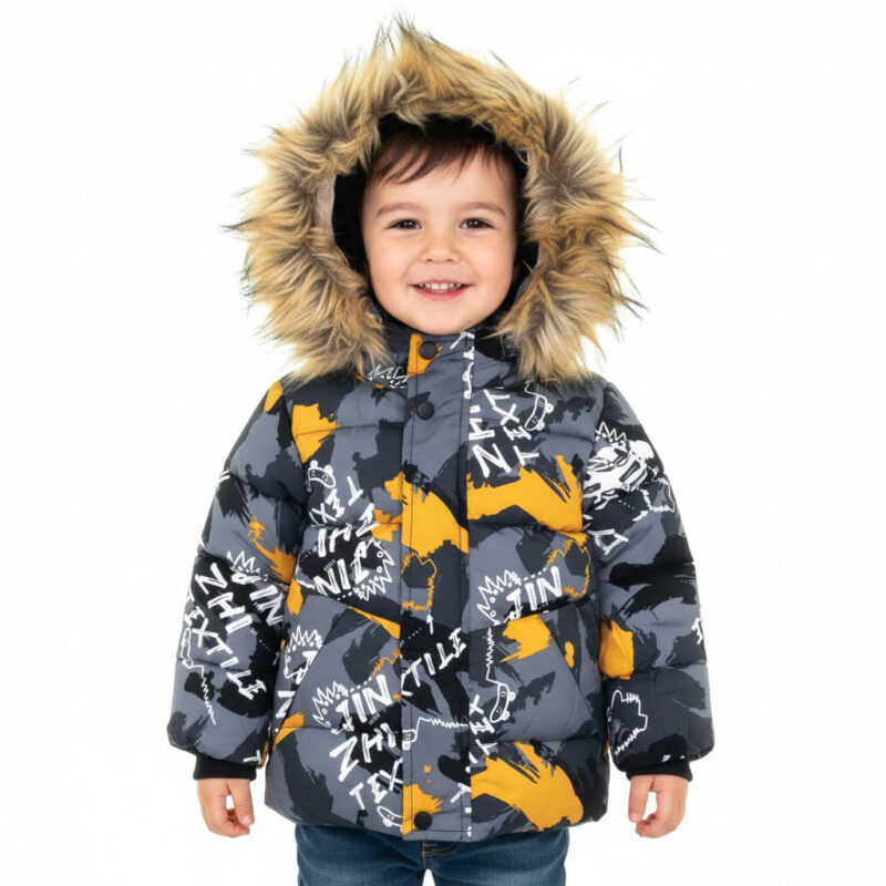 Karino Kids μπουφάν puffer με κουκούλα και αποσπώμενο γουνάκι «Mustard Textile»