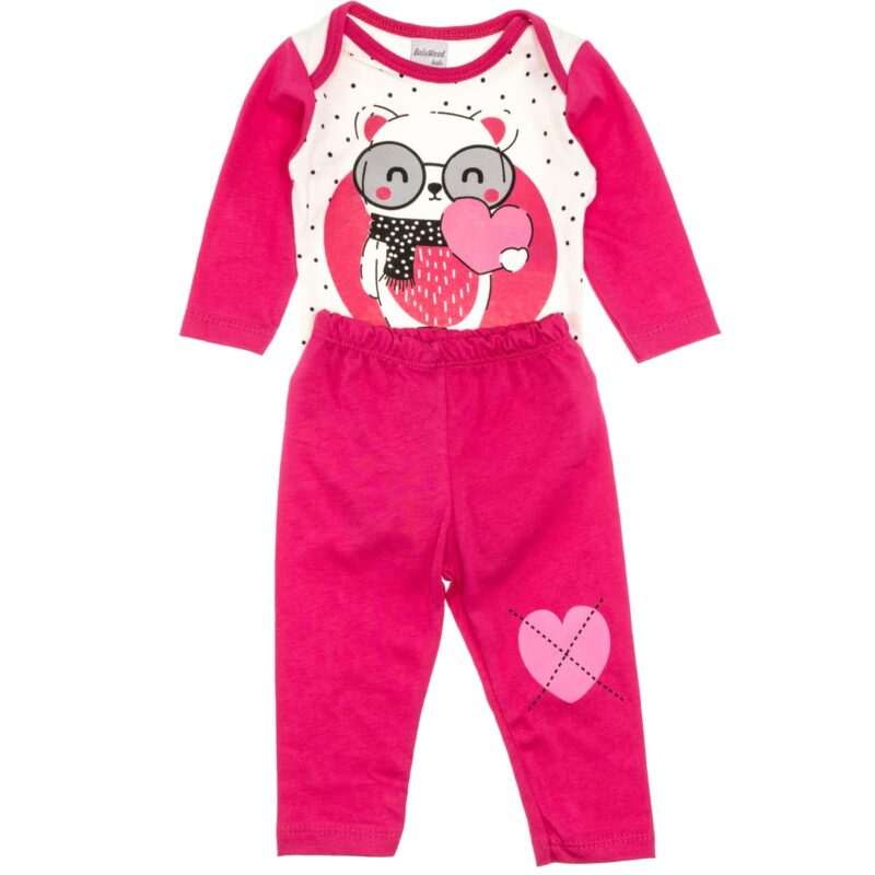Baby Wood σετ από λεπτό ύφασμα κορμάκι και παντελόνι «Teddy’s Heart»