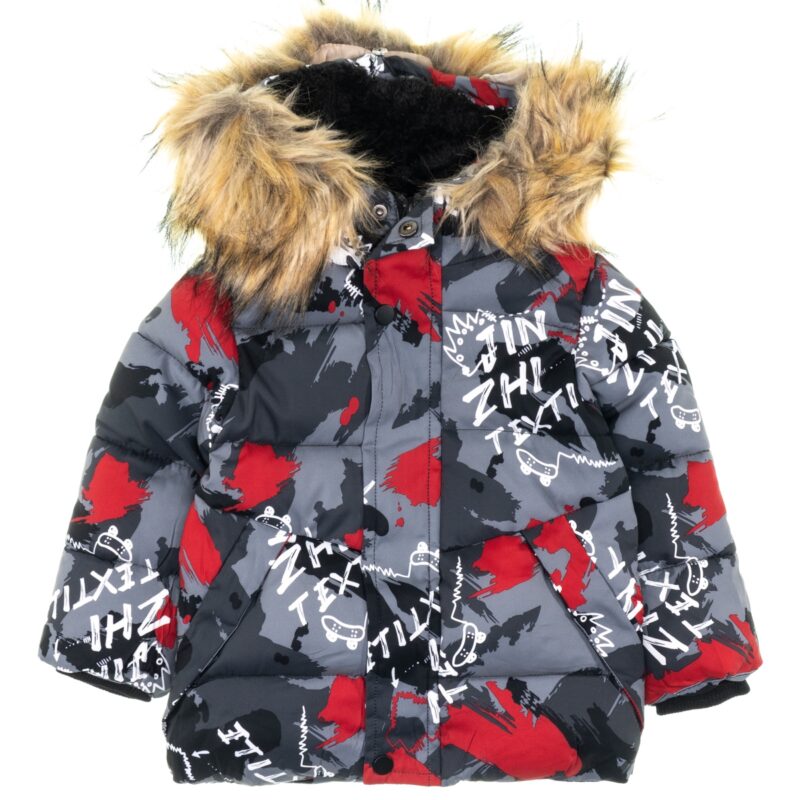 Karino Kids μπουφάν puffer με κουκούλα και αποσπώμενο γουνάκι «Red Textile»