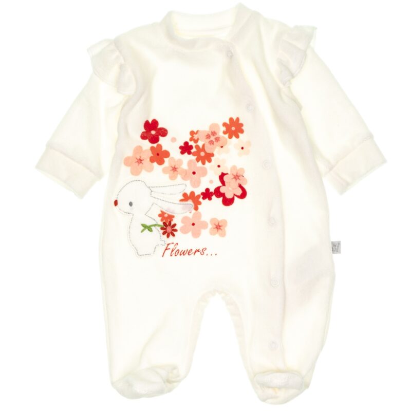 Baby Bal ολόσωμο βελουτέ φορμάκι με σκουφάκι «Embossment Ecru Flowers»