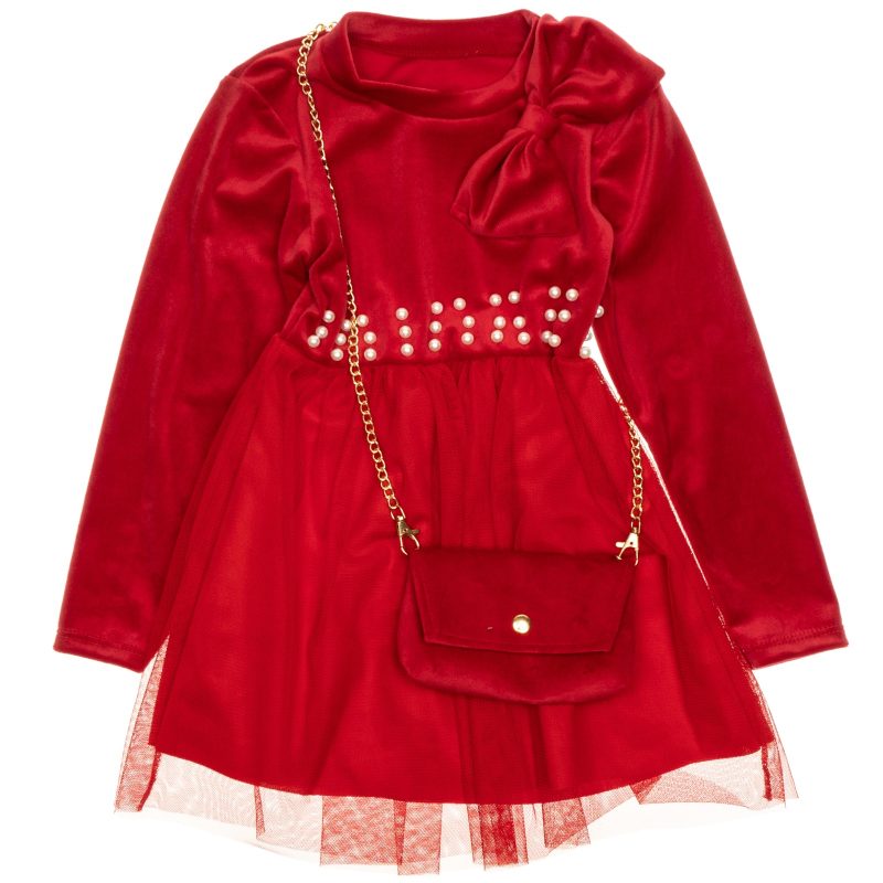 Italy Moda βελουτέ φορεματάκι με τούλι και τσαντάκι «Red Velvet»