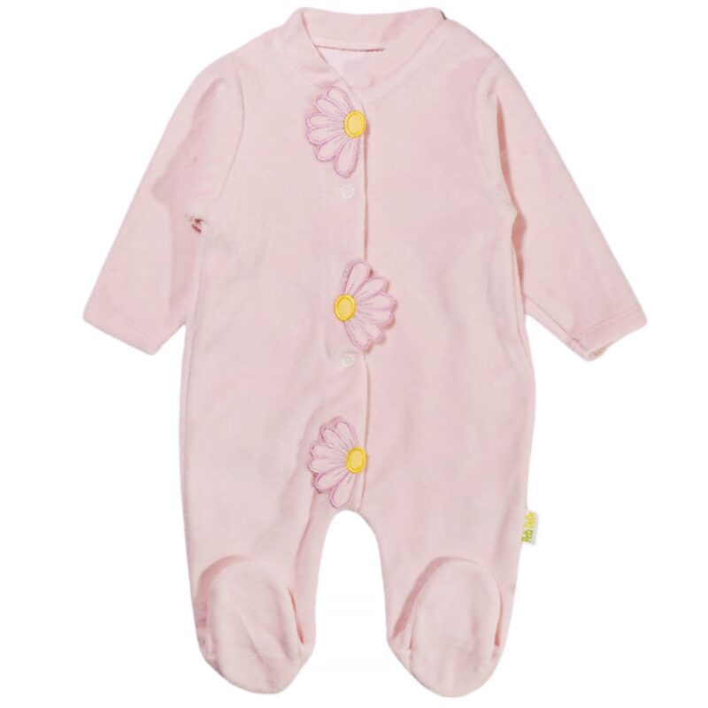 Pera Bebe ολόσωμο βελουτέ φορμάκι και σκουφάκι «Pink Daisies» - Image 2