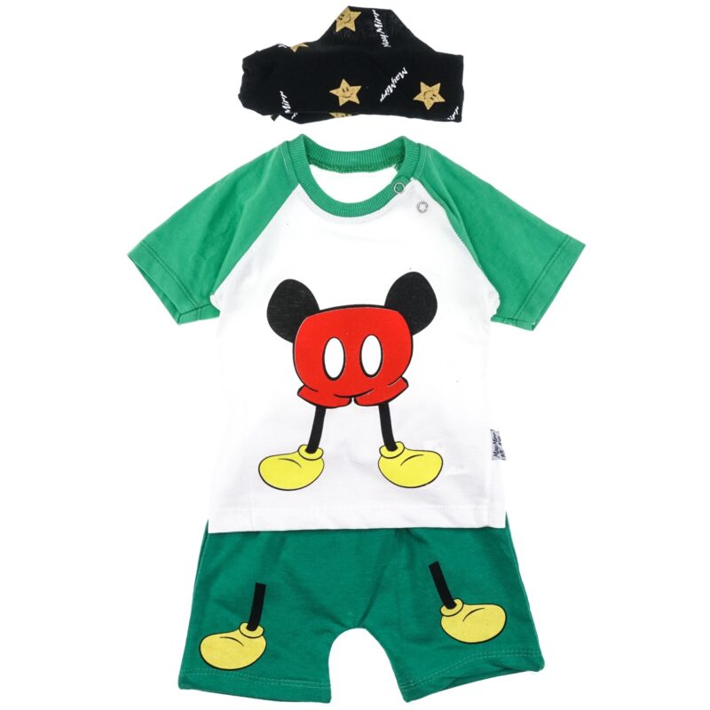 May Mir Kids σετ μπλούζα με σαλιάρα και σορτσάκι «Green Mighty Mouse»