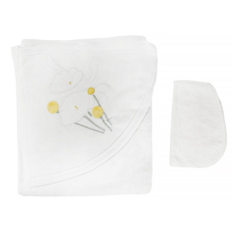 Pamuk Baby μπουρνουζοπετσέτα με πανάκι μπάνιου «Daisies» (0,90 m x 0,72 cm)