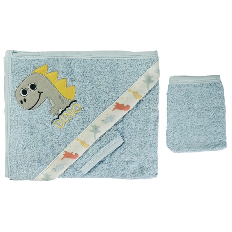 Buude Kids μπουρνουζοπετσέτα με γαντάκι μπάνιου «Blue Dino» (0,75 cm x 0,75 cm)