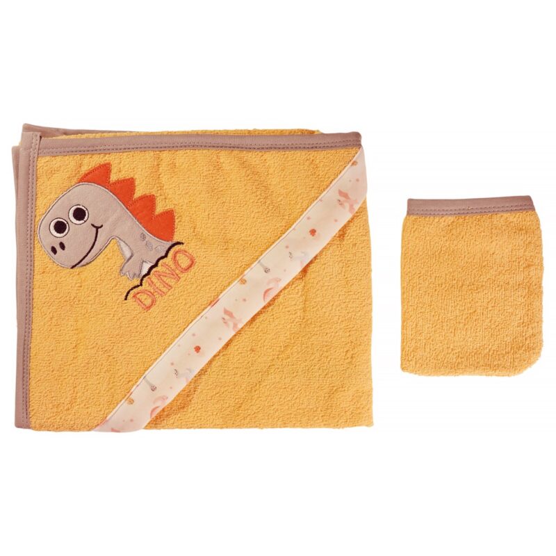 Buude Kids μπουρνουζοπετσέτα με γαντάκι μπάνιου «Yellow Dino» (0,75 cm x 0,75 cm)