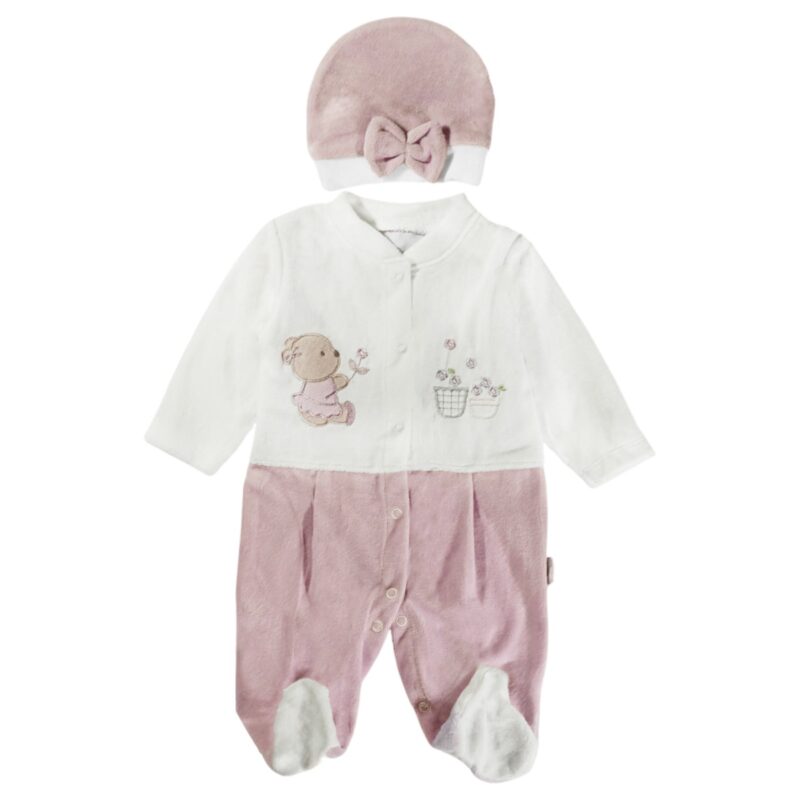 Annora Baby ολόσωμο βελουτέ φορμάκι με σκουφάκι «Lovely Purple Teddy»