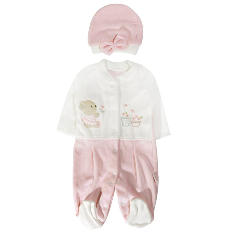 Annora Baby ολόσωμο βελουτέ φορμάκι με σκουφάκι «Lovely Pink Teddy»