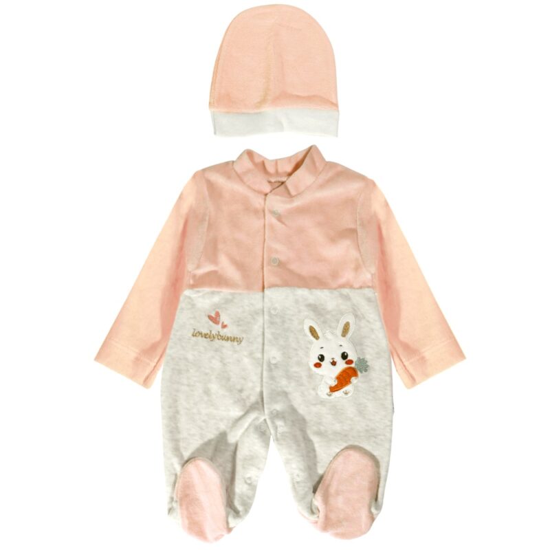 Efilix Baby ολόσωμο βελουτέ φορμάκι με σκουφάκι «Lovely Salmon Bunny»