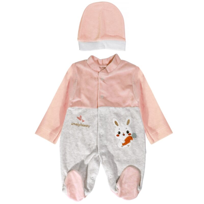 Efilix Baby ολόσωμο βελουτέ φορμάκι με σκουφάκι «Lovely Pink Bunny»