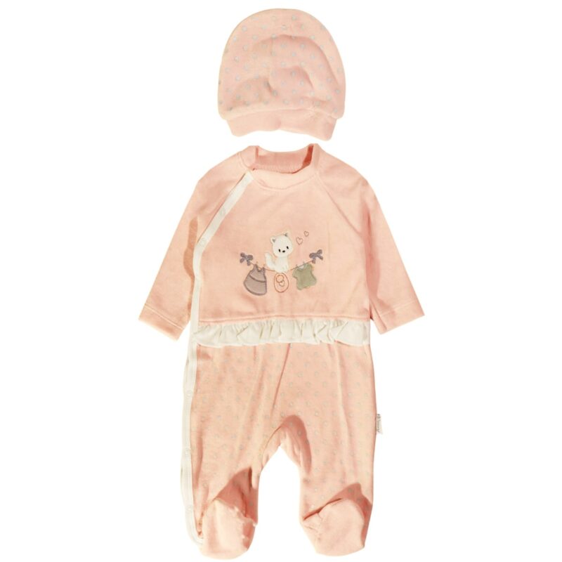 Annora Baby ολόσωμο βελουτέ φορμάκι με σκουφάκι «Salmon Kitten»