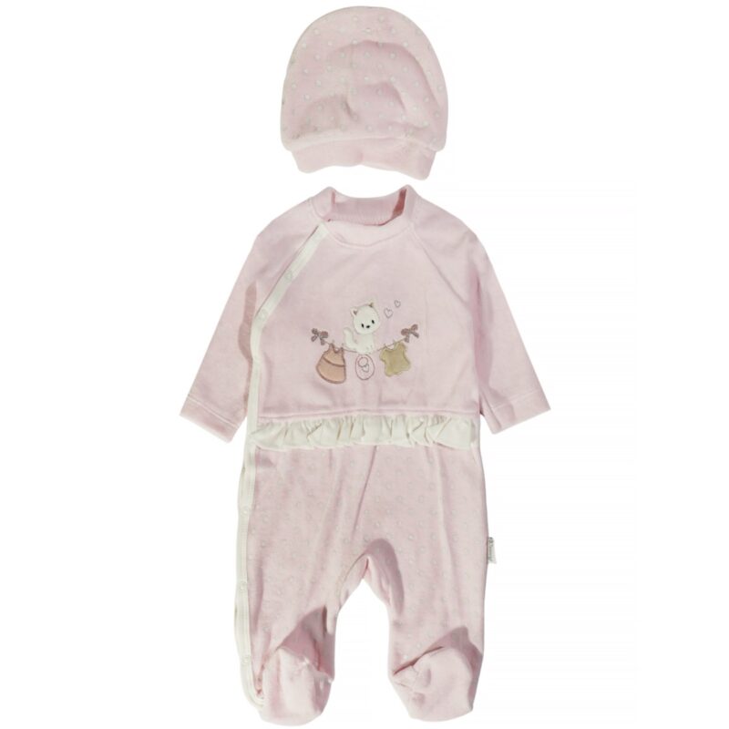 Annora Baby ολόσωμο βελουτέ φορμάκι με σκουφάκι «Pink Kitten»