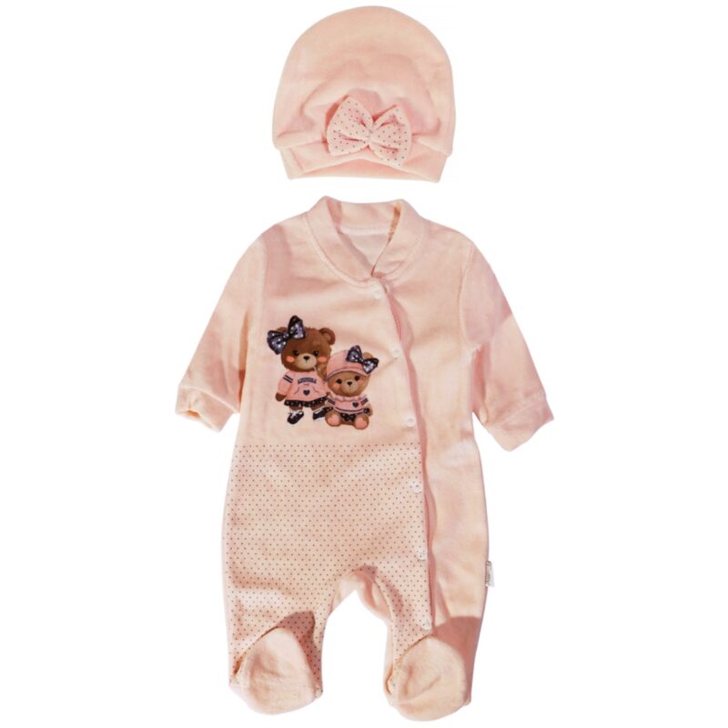 Annora Baby ολόσωμο βελουτέ φορμάκι με σκουφάκι «Little Ones in Salmon»