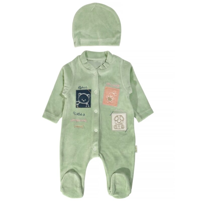 Pera Bebe ολόσωμο βελουτέ φορμάκι με σκουφάκι «Baby Animals»