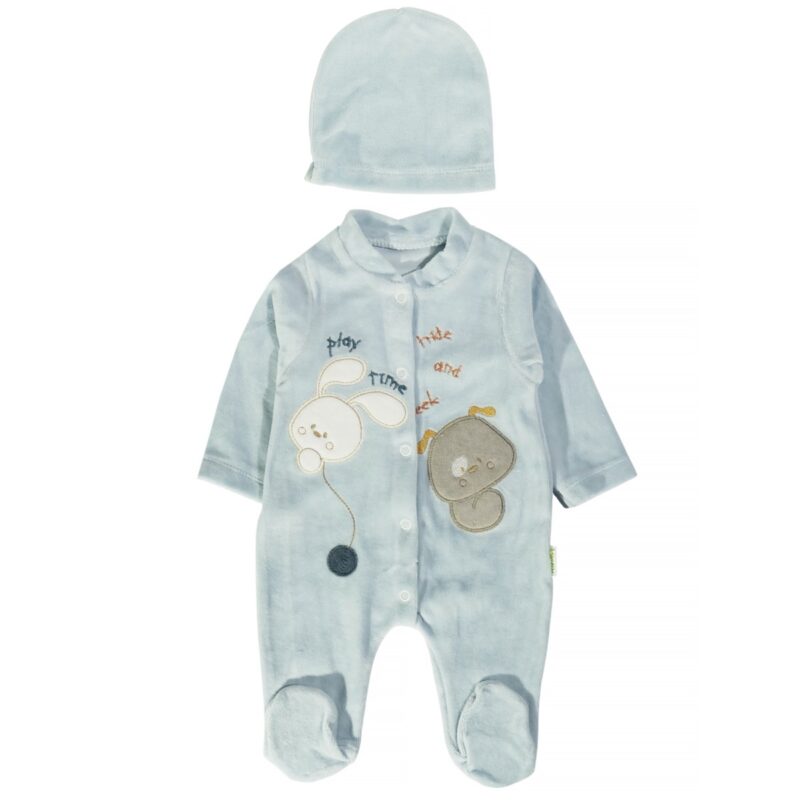 Pera Bebe ολόσωμο βελουτέ φορμάκι με σκουφάκι «Play Time»