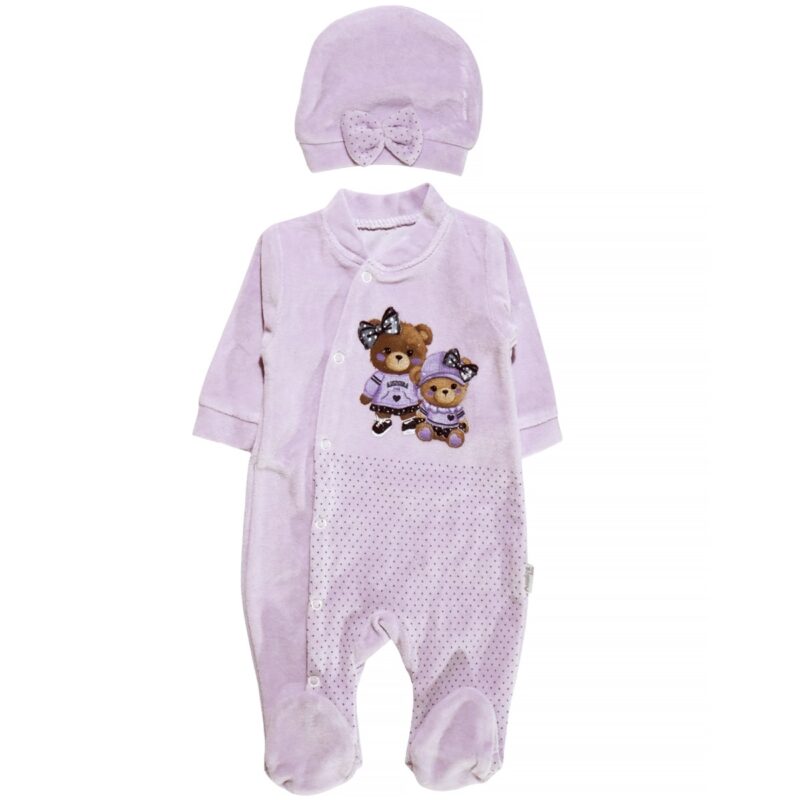 Annora Baby ολόσωμο βελουτέ φορμάκι με σκουφάκι «Little Ones in Purple»