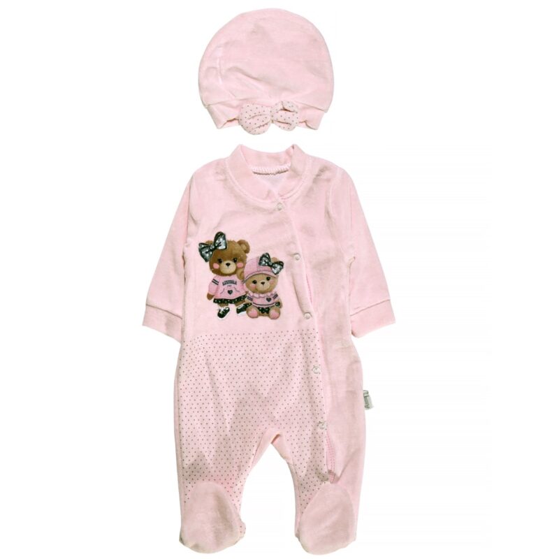 Annora Baby ολόσωμο βελουτέ φορμάκι με σκουφάκι «Little Ones in Pink»