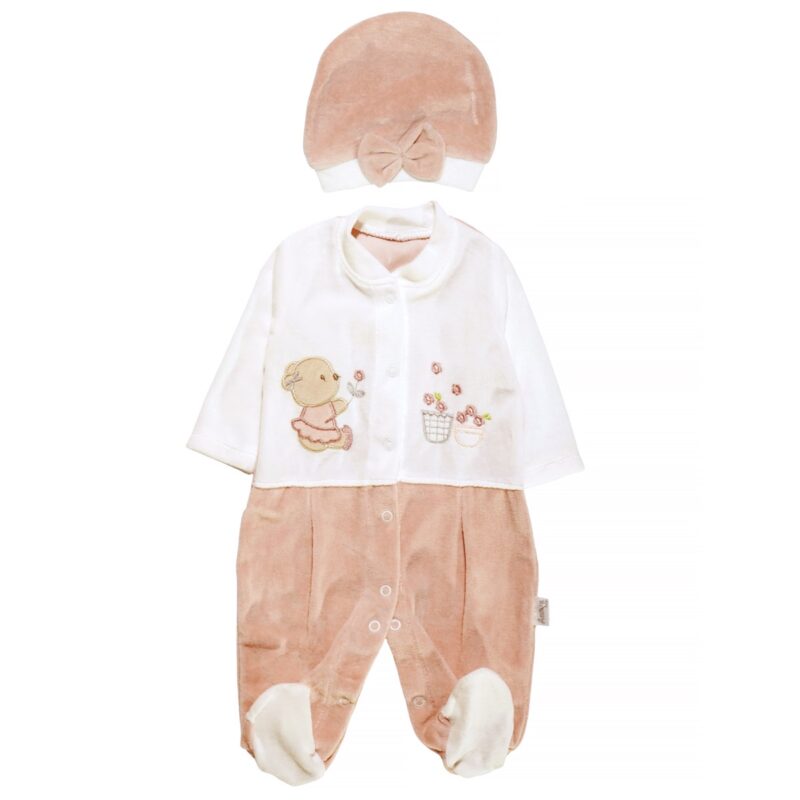 Annora Baby ολόσωμο βελουτέ φορμάκι με σκουφάκι «Salmon Pink Teddy»