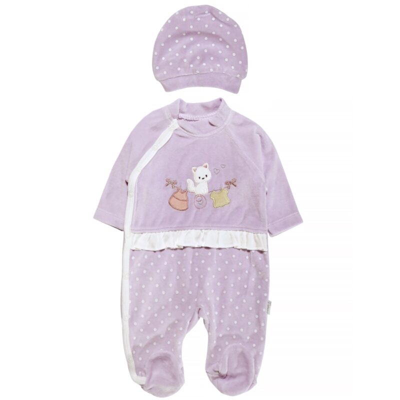 Annora Baby ολόσωμο βελουτέ φορμάκι με σκουφάκι «Purple Kitten»