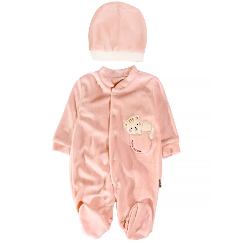 Efilix Baby ολόσωμο βελουτέ φορμάκι με σκουφάκι «Mini Pink Meow»