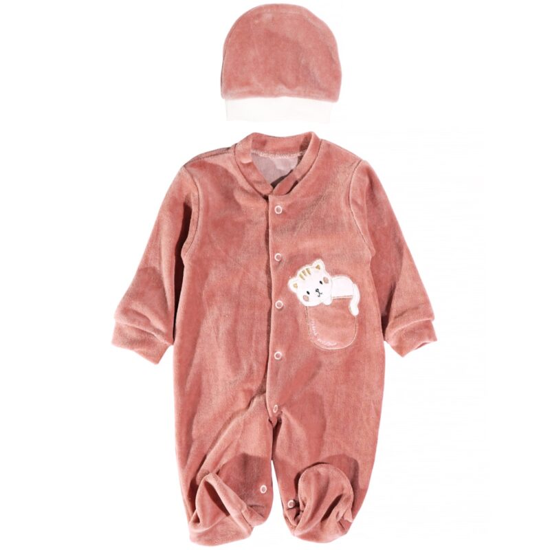 Efilix Baby ολόσωμο βελουτέ φορμάκι με σκουφάκι «Mini Salmon Meow»