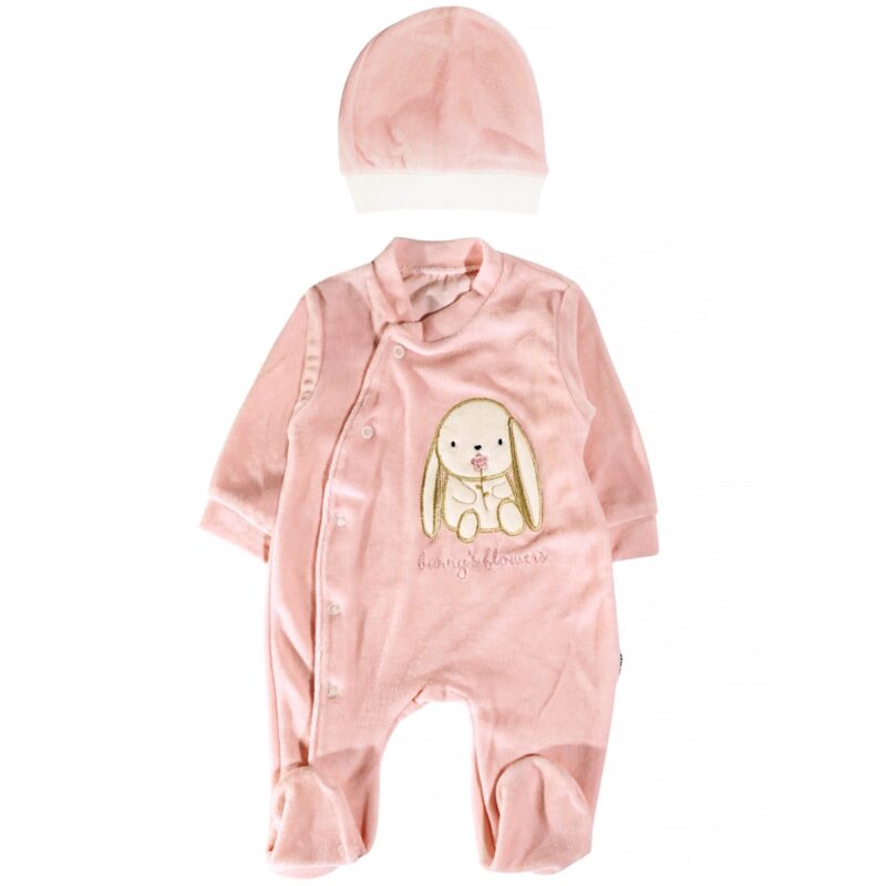 Efilix Baby ολόσωμο βελουτέ φορμάκι με σκουφάκι «Bunny’s Flowers»