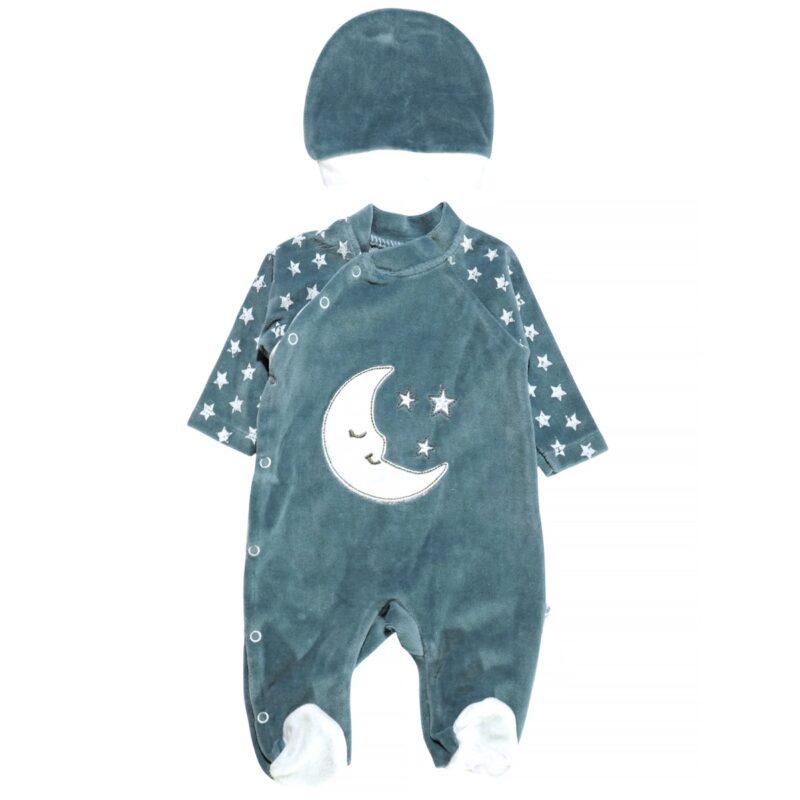 Annora Baby ολόσωμο βελουτέ φορμάκι με σκουφάκι «Blue Moon»