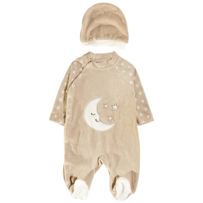 Annora Baby ολόσωμο βελουτέ φορμάκι με σκουφάκι «Beige Moon»