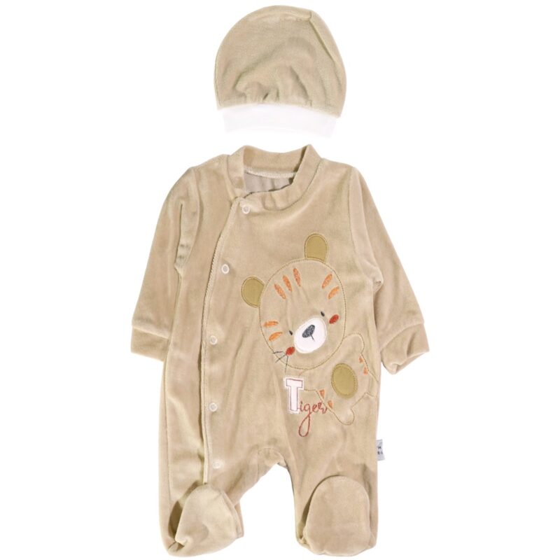 Efilix Baby ολόσωμο βελουτέ φορμάκι με σκουφάκι «The Beige Tiger»