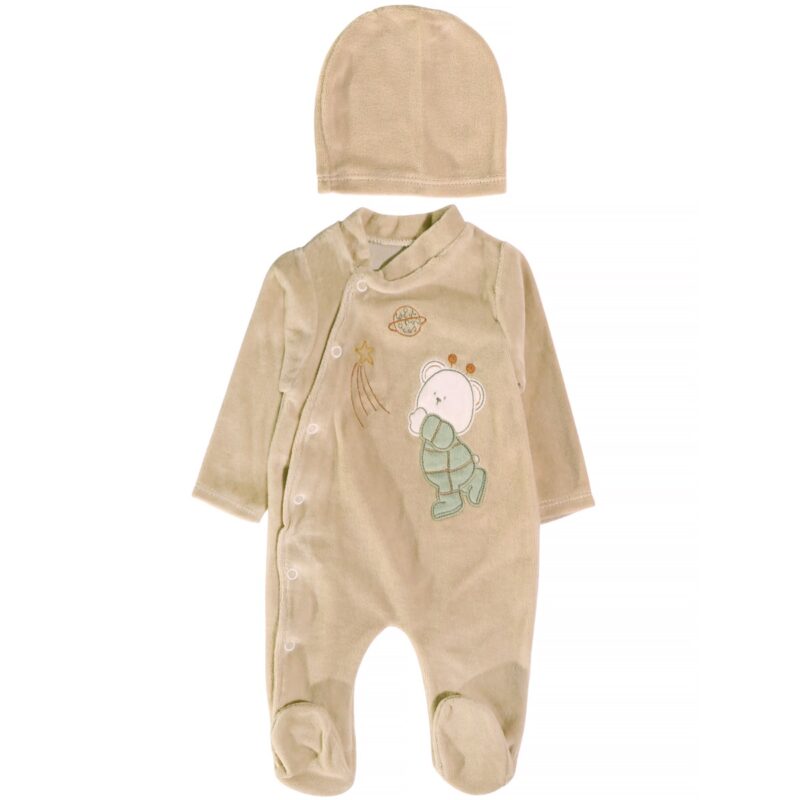 Pera Bebe ολόσωμο βελουτέ φορμάκι με σκουφάκι «Space Beige Teddy»