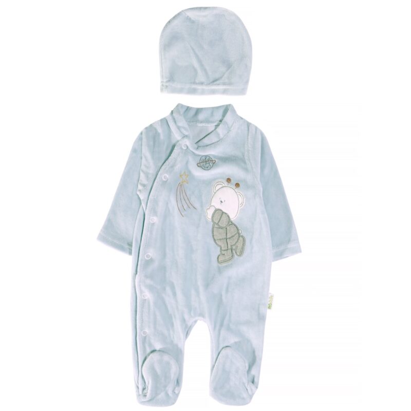 Pera Bebe ολόσωμο βελουτέ φορμάκι με σκουφάκι «Space Blue Teddy»