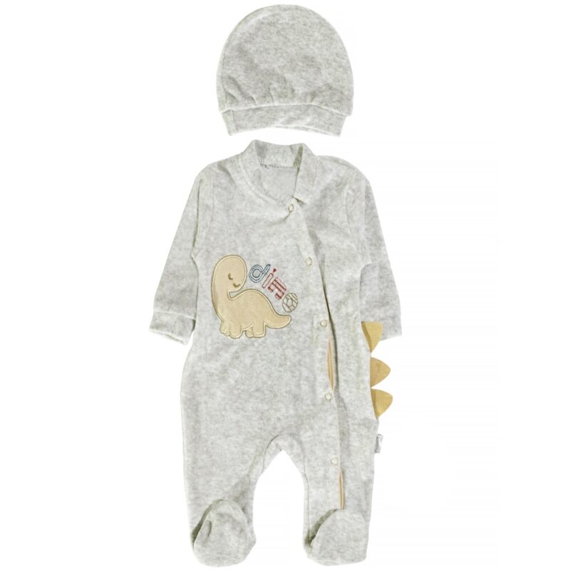 Annora Baby ολόσωμο βελουτέ φορμάκι με σκουφάκι «Grey Dino»