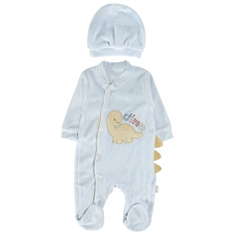 Annora Baby ολόσωμο βελουτέ φορμάκι με σκουφάκι «Blue Dino»