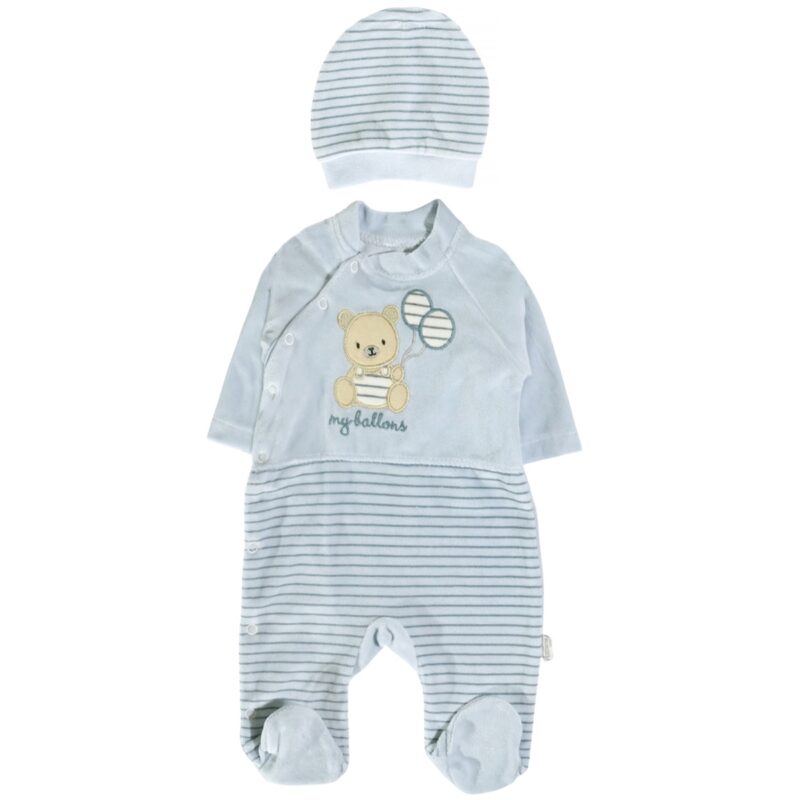 Annora Baby ολόσωμο βελουτέ φορμάκι με σκουφάκι «Blue Balloons»