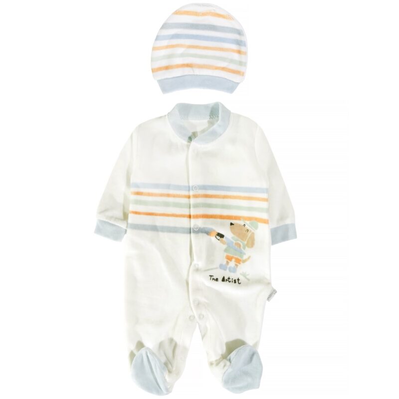 Annora Baby ολόσωμο βελουτέ φορμάκι με σκουφάκι «The Blue Artist»