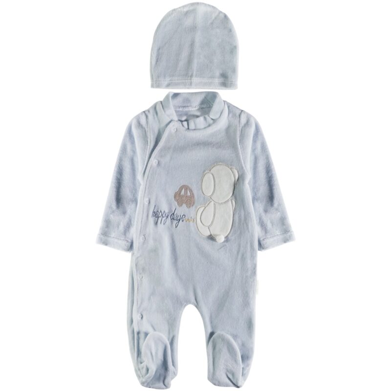 Pera Bebe βρεφικό ολόσωμο βελουτέ φορμάκι με σκουφάκι «Happy Days»