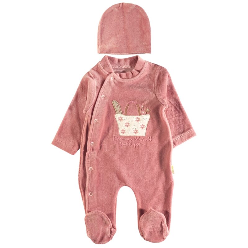 Pera Bebe βρεφικό ολόσωμο βελουτέ φορμάκι με σκουφάκι «Basket-Picnic»