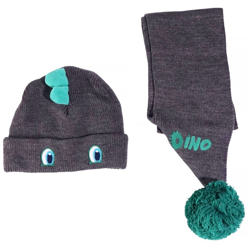 Kitti πλεκτό σετ σκούφος και κασκόλ «Grey Dino»