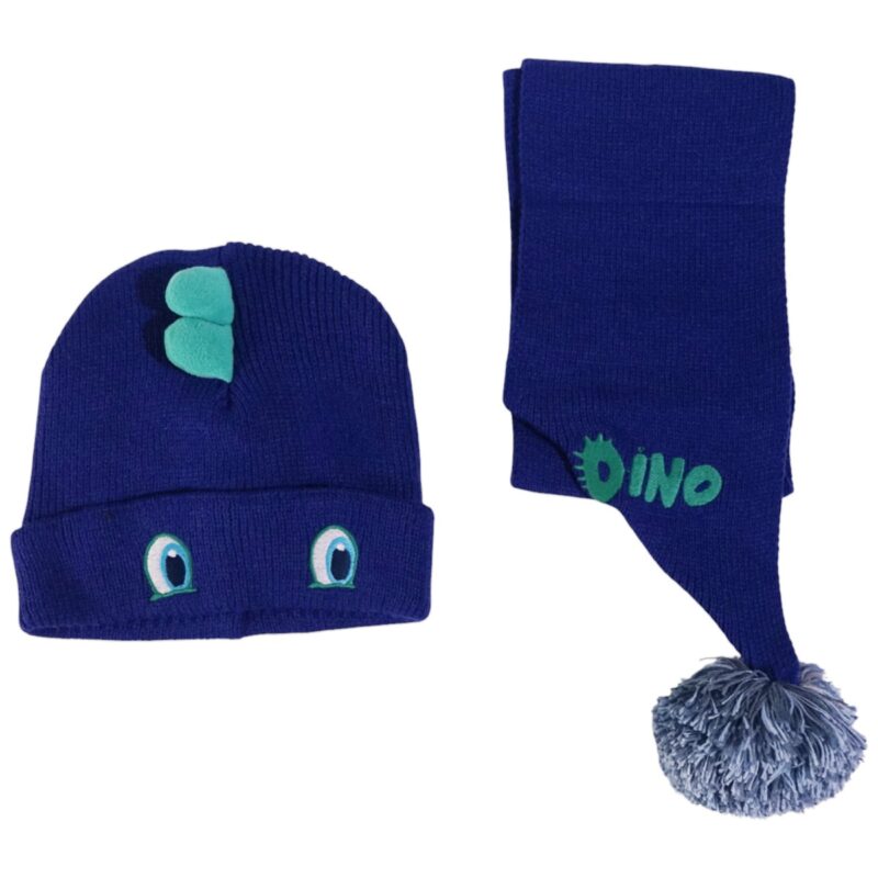 Kitti πλεκτό σετ σκούφος και κασκόλ «Blue Dino»