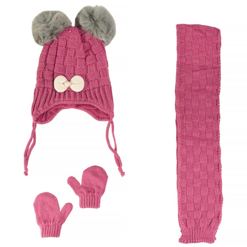 Kitti πλεκτό σετ σκούφος-κασκόλ-γάντια «Fuchsia Bow»