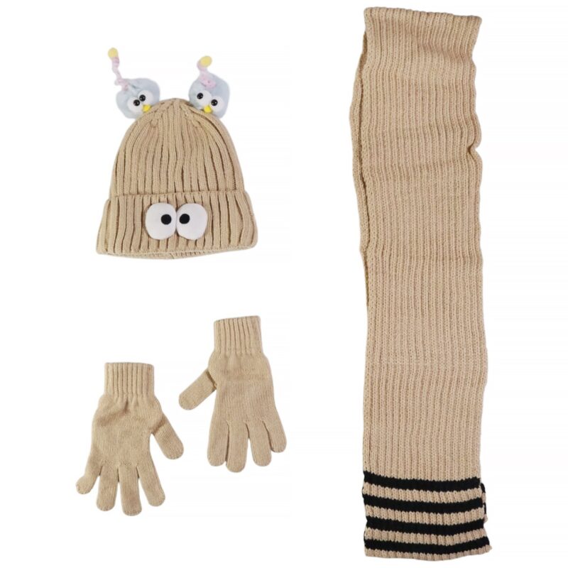 Kitti πλεκτό σετ σκούφος-κασκόλ-γάντια «Dark Beige Face»