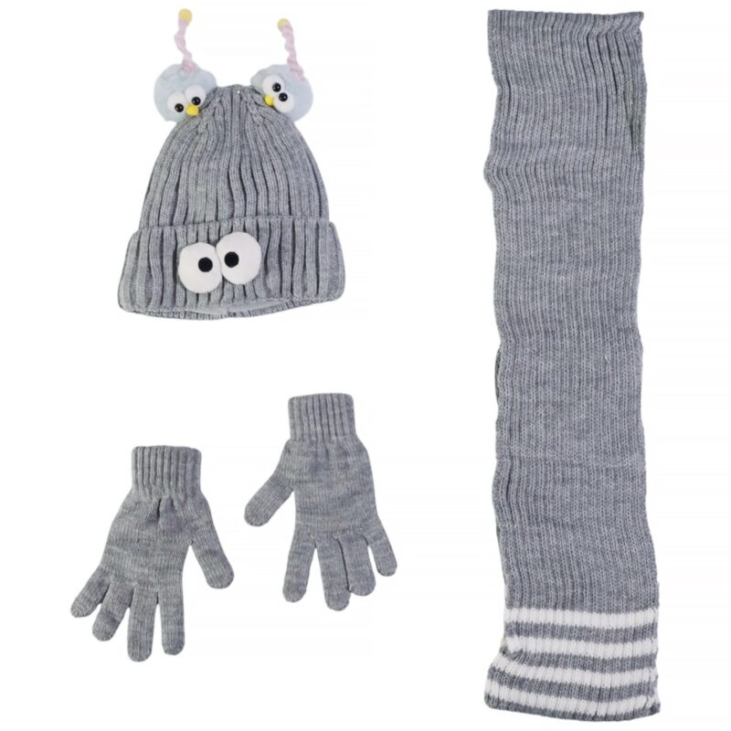 Kitti πλεκτό σετ σκούφος-κασκόλ-γάντια «Grey Face»