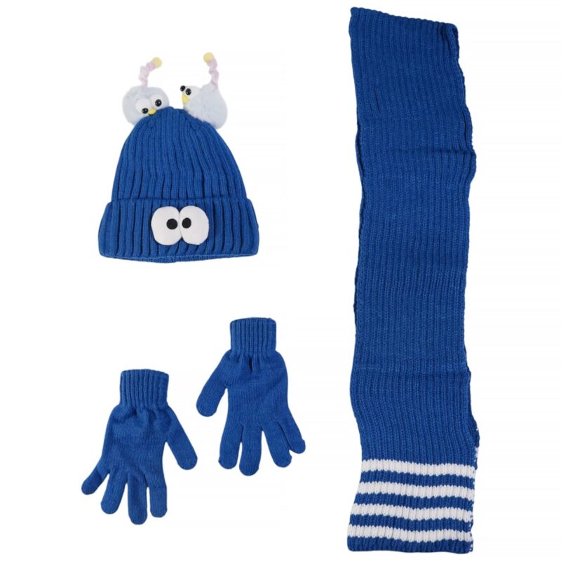 Kitti πλεκτό σετ σκούφος-κασκόλ-γάντια «Blue Face»