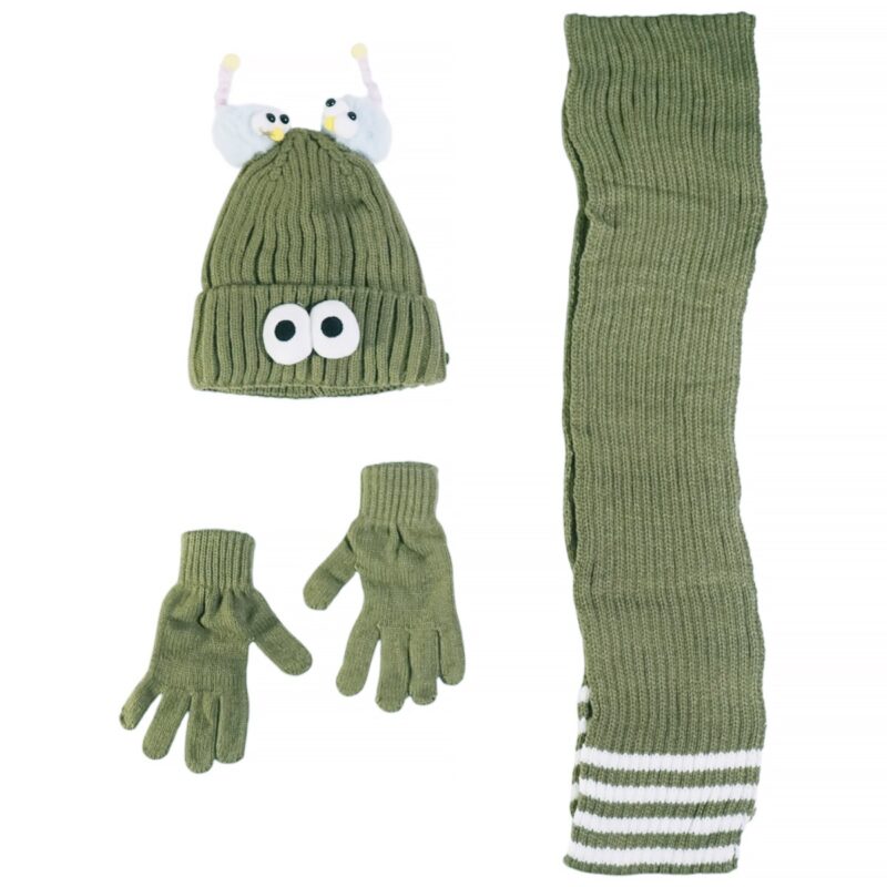 Kitti πλεκτό σετ σκούφος-κασκόλ-γάντια «Green Face»
