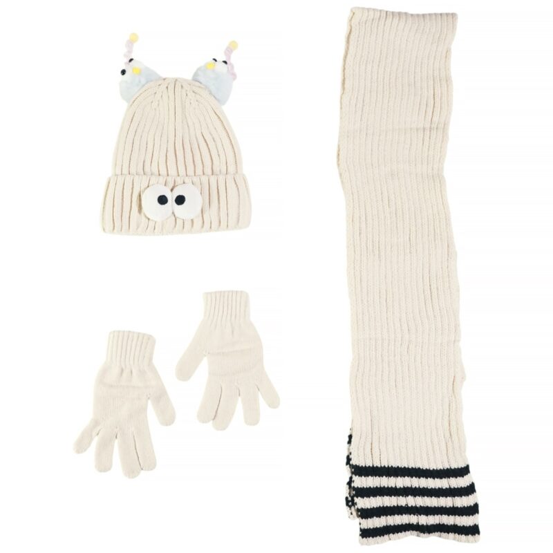Kitti πλεκτό σετ σκούφος-κασκόλ-γάντια «Beige Face»