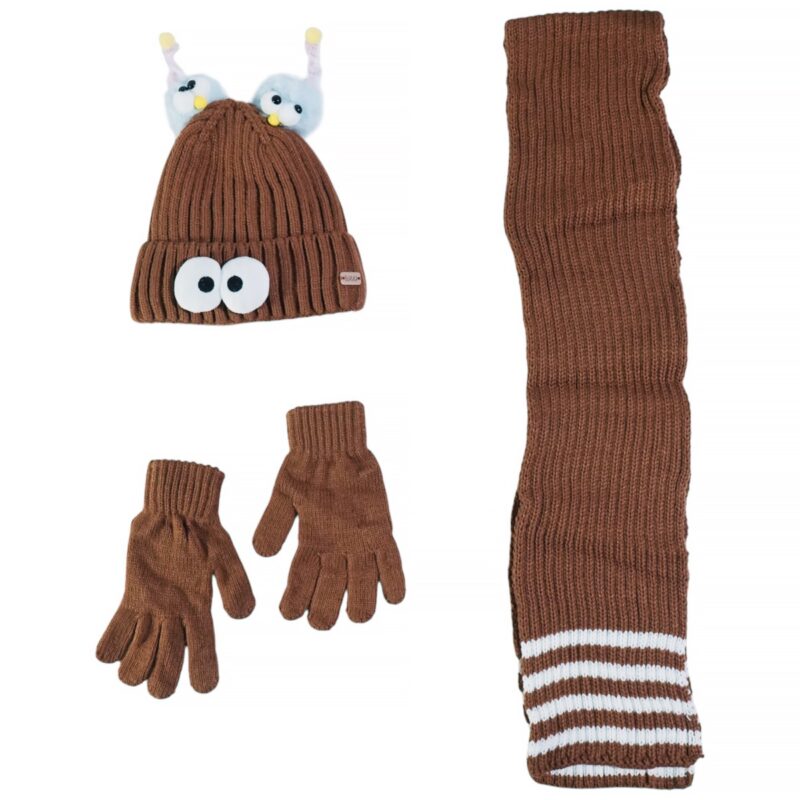Kitti πλεκτό σετ σκούφος-κασκόλ-γάντια «Brown Face»