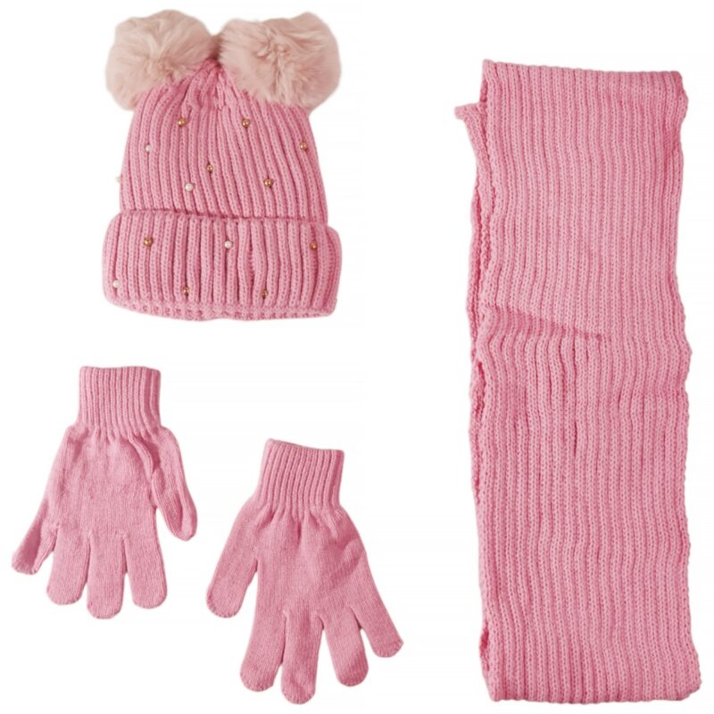 Kitti πλεκτό σετ σκούφος-κασκόλ-γάντια «Pink Pearls»