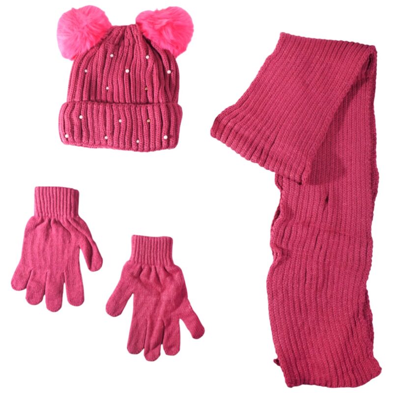 Kitti πλεκτό σετ σκούφος-κασκόλ-γάντια «Fuchsia Pearls»