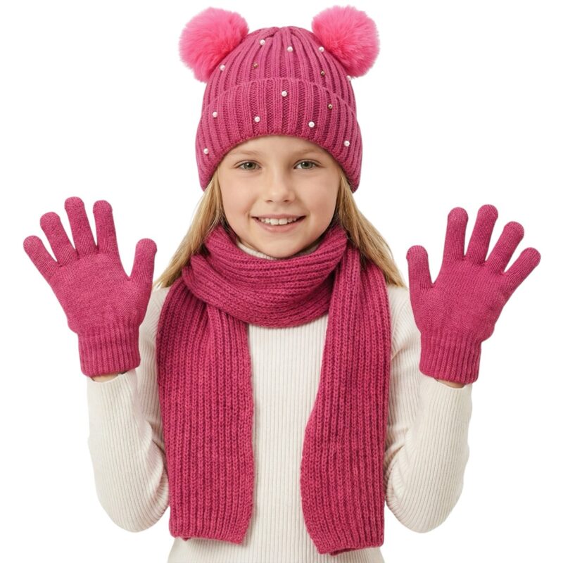 Kitti πλεκτό σετ σκούφος-κασκόλ-γάντια «Fuchsia Pearls»