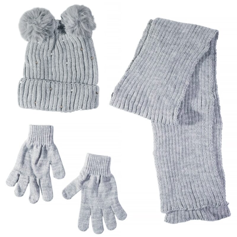 Kitti πλεκτό σετ σκούφος-κασκόλ-γάντια «Grey Pearls»